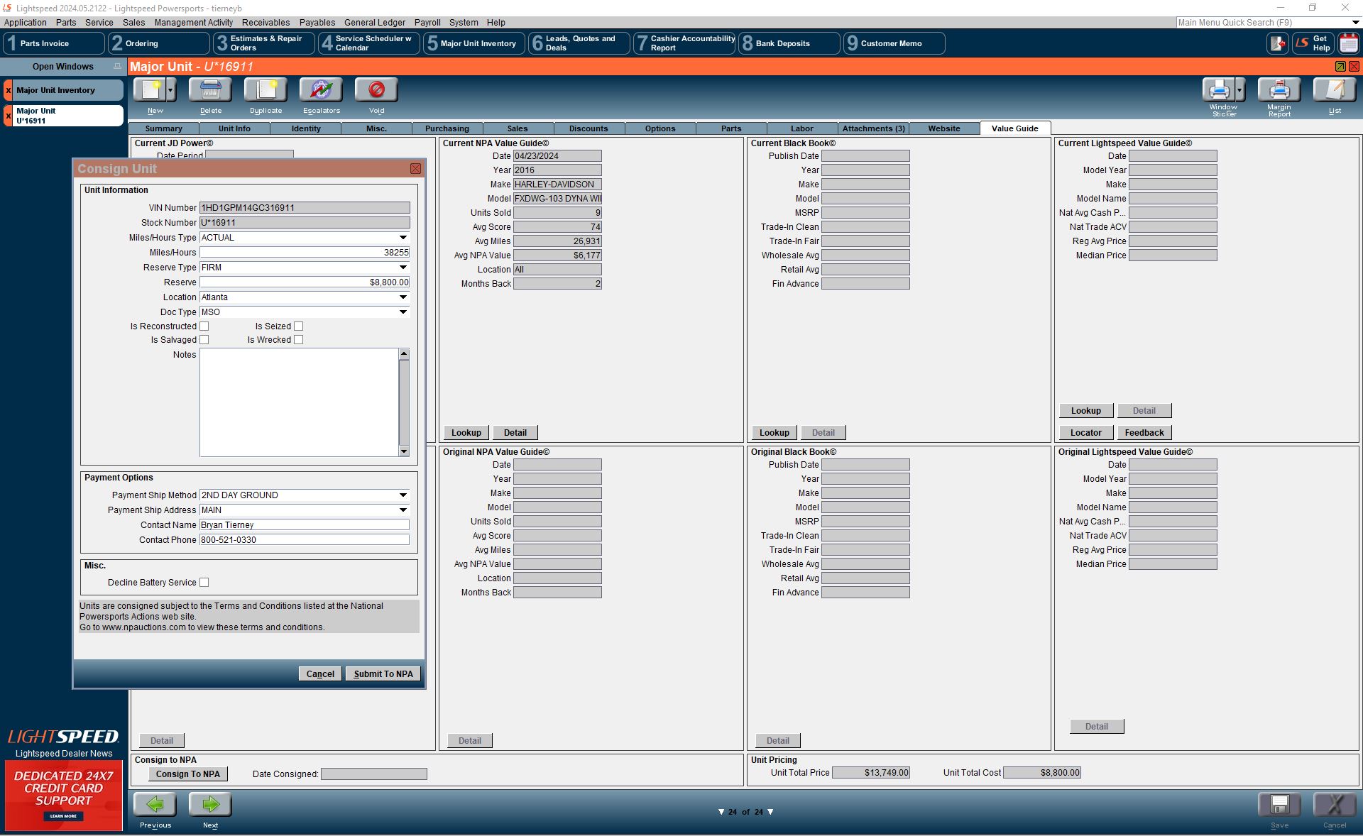 An image of Lightspeed DMS highlighting the Consign to NPA functionality. 