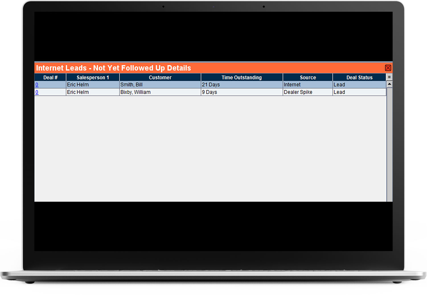 A laptop with the "Internet Leads - Not Yet Followed Up Details" window pulled up